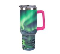QMKFWT Polar Bears Northern Lights - Tazza da caffè da viaggio riutilizzabile e durevole, in acciaio inox, con manico e cannuccia, resistente alle perdite, tazza termica portatile, regalo per uomini e