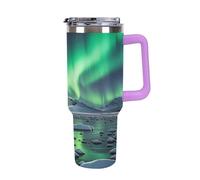QMKFWT Polar Bears Northern Lights - Tazza da caffè da viaggio riutilizzabile e durevole, in acciaio inox, con manico e cannuccia, resistente alle perdite, tazza termica portatile, regalo per uomini e