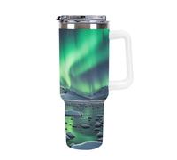 QMKFWT Polar Bears Northern Lights - Tazza da caffè da viaggio riutilizzabile e durevole, in acciaio inox, con manico e cannuccia, resistente alle perdite, tazza termica portatile, regalo per uomini e
