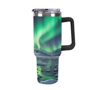 QMKFWT Polar Bears Northern Lights - Tazza da caffè da viaggio riutilizzabile e durevole, in acciaio inox, con manico e cannuccia, resistente alle perdite, tazza termica portatile, regalo per uomini e