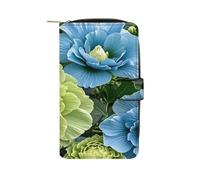 QMKFWT Portafoglio in pelle verde e blu con fiori di ibisco lungo portafoglio degli assegni portafogli classico bifold da donna pochette con finestra ID