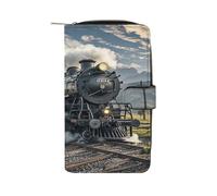 QMKFWT Portafoglio lungo in pelle a forma di treno locomotiva a vapore, portafoglio per assegni, classico, bifold da donna, pochette con finestra per documento d'identità