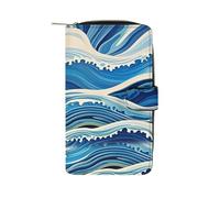 QMKFWT Portafoglio lungo in pelle blu con pittura a onde portafogli portafogli classico bifold da donna pochette con finestra ID