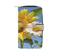 QMKFWT Portafoglio lungo in pelle con api girasoli margherita fiori rosa portafogli classico bifold da donna con finestra ID