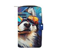 QMKFWT Portafoglio lungo in pelle con cane che indossa occhiali, portafogli classico bifold da donna con finestra ID