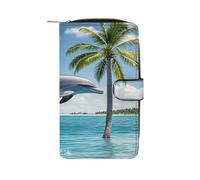 QMKFWT Portafoglio lungo in pelle con delfini e palme portafogli classico bifold da donna con finestra ID