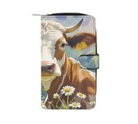 QMKFWT Portafoglio lungo in pelle con fiore di mucca e margherita acquerello portafogli classico bifold pochette da donna con finestra ID
