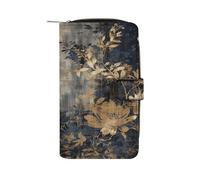 QMKFWT Portafoglio lungo in pelle con fiori dorati e neri, portafoglio per assegni, classico, bifold da donna, pochette con finestra per documento d'identità