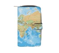 QMKFWT Portafoglio lungo in pelle con mappa del mondo, portafoglio per assegni, classico, bifold da donna, pochette con finestra per documento d'identità