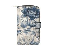 QMKFWT Portafoglio lungo in pelle con motivo floreale blu portafogli portafogli classico bifold da donna pochette con finestra ID