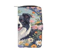 QMKFWT Portafoglio lungo in pelle con motivo floreale Border Collie, portafoglio per assegni, classico, bifold da donna, con finestra per documento d'identità