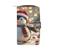 QMKFWT Portafoglio lungo in pelle con pinguino natalizio e portafoglio degli assegni, classico, bifold da donna, con finestra per documento d'identità