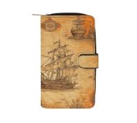 QMKFWT Portafoglio lungo in pelle con stampa della nave e della bussola, portafogli classici a due pieghe, da donna, con finestra identificativa