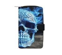 QMKFWT Portafoglio lungo in pelle con teschio blu con stampa 3D portafogli classico bifold da donna pochette con finestra ID