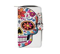 QMKFWT Portafoglio lungo in pelle con teschio di zucchero, portafogli classico bifold da donna con finestra ID