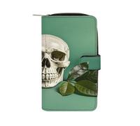 QMKFWT Portafoglio lungo in pelle con teschio e foglie sfondo verde portafogli classico bifold da donna frizione con finestra ID
