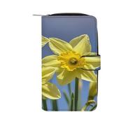 QMKFWT Portafoglio lungo in pelle giallo con narcisi e fiori, portafoglio per assegni, classico, bifold da donna, pochette con finestra per documento d'identità