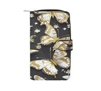 QMKFWT Portafoglio lungo in pelle nera con farfalle bianche dorate e portafogli da donna classico bifold con finestra ID