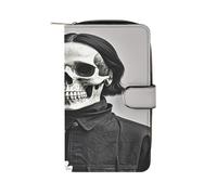 QMKFWT Portafoglio lungo in pelle nera e bianca con fiori e teschio, portafogli da donna classico bifold con finestra ID