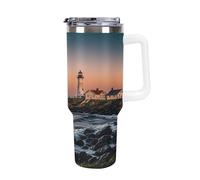 QMKFWT Portland River Lighthouse Sunrise Tazza da caffè da viaggio riutilizzabile durevole in acciaio inox isolato con manico e cannuccia resistente alle perdite, tazza termica portatile, regalo per