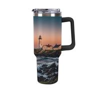 QMKFWT Portland River Lighthouse Sunrise Tazza da caffè da viaggio riutilizzabile durevole in acciaio inox isolato con manico e cannuccia resistente alle perdite, tazza termica portatile, regalo per
