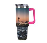 QMKFWT Portland River Lighthouse Sunrise Tazza da caffè da viaggio riutilizzabile durevole in acciaio inox isolato con manico e cannuccia resistente alle perdite, tazza termica portatile, regalo per