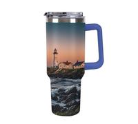 QMKFWT Portland River Lighthouse Sunrise Tazza da caffè da viaggio riutilizzabile durevole in acciaio inox isolato con manico e cannuccia resistente alle perdite, tazza termica portatile, regalo per