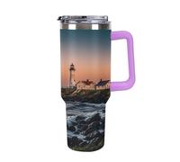 QMKFWT Portland River Lighthouse Sunrise Tazza da caffè da viaggio riutilizzabile durevole in acciaio inox isolato con manico e cannuccia resistente alle perdite, tazza termica portatile, regalo per
