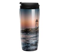 QMKFWT Portland River Lighthouse Sunrise tazza da caffè riutilizzabile isolata a tenuta stagna bicchiere da viaggio con coperchio doppia parete a prova di fuoriuscite tazza da caffè per caffè
