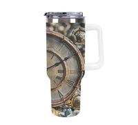QMKFWT Rusty Steampunk Clock Tazza da caffè da viaggio riutilizzabile durevole in acciaio inossidabile isolato con manico e cannuccia resistente alle perdite, tazza termica portatile, regalo per
