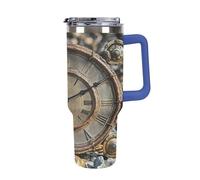 QMKFWT Rusty Steampunk Clock Tazza da caffè da viaggio riutilizzabile durevole in acciaio inossidabile isolato con manico e cannuccia resistente alle perdite, tazza termica portatile, regalo per