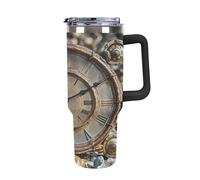 QMKFWT Rusty Steampunk Clock Tazza da caffè da viaggio riutilizzabile durevole in acciaio inossidabile isolato con manico e cannuccia resistente alle perdite, tazza termica portatile, regalo per