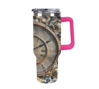 QMKFWT Rusty Steampunk Clock Tazza da caffè da viaggio riutilizzabile durevole in acciaio inossidabile isolato con manico e cannuccia resistente alle perdite, tazza termica portatile, regalo per