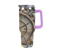 QMKFWT Rusty Steampunk Clock Tazza da caffè da viaggio riutilizzabile durevole in acciaio inossidabile isolato con manico e cannuccia resistente alle perdite, tazza termica portatile, regalo per