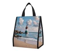 QMKFWT Sea Lighthouse Sandbeach - Borsa termica per il pranzo, pieghevole e riutilizzabile, per uomo e donna