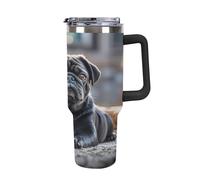 QMKFWT Simpatico carlino nero tazza da caffè da viaggio riutilizzabile durevole in acciaio inox isolato bicchiere con manico e cannuccia resistente alle perdite tazza termica portatile regalo per