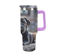 QMKFWT Simpatico carlino nero tazza da caffè da viaggio riutilizzabile durevole in acciaio inox isolato bicchiere con manico e cannuccia resistente alle perdite tazza termica portatile regalo per