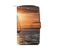 QMKFWT Sunset Seascape Sailboat Floating Portafoglio in pelle Portafoglio lungo libretto degli assegni Portafogli Classico Bifold Ladies Clutch con ID Window