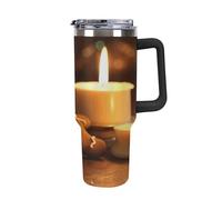 QMKFWT Tazza da caffè da viaggio con candele e omini di pan di zenzero, riutilizzabile, durevole, in acciaio inox, con manico e cannuccia, resistente alle perdite, tazza termica portatile, regalo per