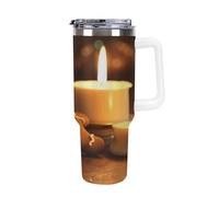 QMKFWT Tazza da caffè da viaggio con candele e omini di pan di zenzero, riutilizzabile, durevole, in acciaio inox, con manico e cannuccia, resistente alle perdite, tazza termica portatile, regalo per