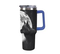 QMKFWT Tazza da caffè da viaggio con lupi sotto la luna, riutilizzabile, durevole, in acciaio inox, con manico e cannuccia, resistente alle perdite, tazza termica portatile, regalo per uomini e donne
