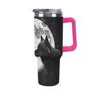 QMKFWT Tazza da caffè da viaggio con lupi sotto la luna, riutilizzabile, durevole, in acciaio inox, con manico e cannuccia, resistente alle perdite, tazza termica portatile, regalo per uomini e donne