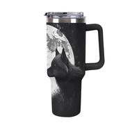 QMKFWT Tazza da caffè da viaggio con lupi sotto la luna, riutilizzabile, durevole, in acciaio inox, con manico e cannuccia, resistente alle perdite, tazza termica portatile, regalo per uomini e donne