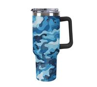 QMKFWT Tazza da caffè da viaggio con motivo mimetico blu, riutilizzabile, durevole, in acciaio inox, con manico e cannuccia, resistente alle perdite, tazza termica portatile, regalo per uomini e donne
