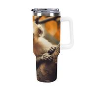 QMKFWT Tazza da caffè da viaggio con scimmia sull'albero, riutilizzabile, durevole, in acciaio inox, con manico e cannuccia, resistente alle perdite, tazza termica portatile, regalo per uomini e donne