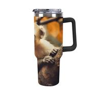 QMKFWT Tazza da caffè da viaggio con scimmia sull'albero, riutilizzabile, durevole, in acciaio inox, con manico e cannuccia, resistente alle perdite, tazza termica portatile, regalo per uomini e donne