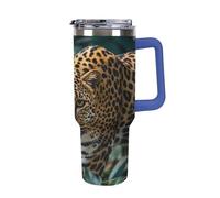 QMKFWT Tazza da caffè da viaggio con stampa leopardata animali della giungla africana, riutilizzabile, durevole, in acciaio inox, con manico e cannuccia, resistente alle perdite, tazza termica