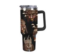 QMKFWT Tazza da caffè da viaggio etnica tribale africana riutilizzabile durevole in acciaio inossidabile isolato con manico e cannuccia, resistente alle perdite, tazza termica portatile, regalo per
