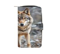 QMKFWT Wolf - Portafoglio lungo in pelle con libretto degli assegni, classico, bifold da donna, con finestra per documento d'identità