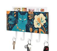 QMNBTES Portachiavi e posta, da parete, 5 ganci, organizer decorativo per la posta con accessori di montaggio, in pelle PU, motivo: gatto nella natura selvaggia, per parete, ingresso, corridoio